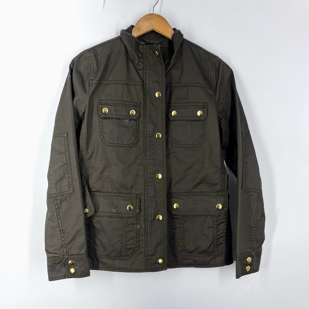 J.Crew Women Brown Waxed Cotton Field Utility Jacket Gold Snaps Elbow Patches